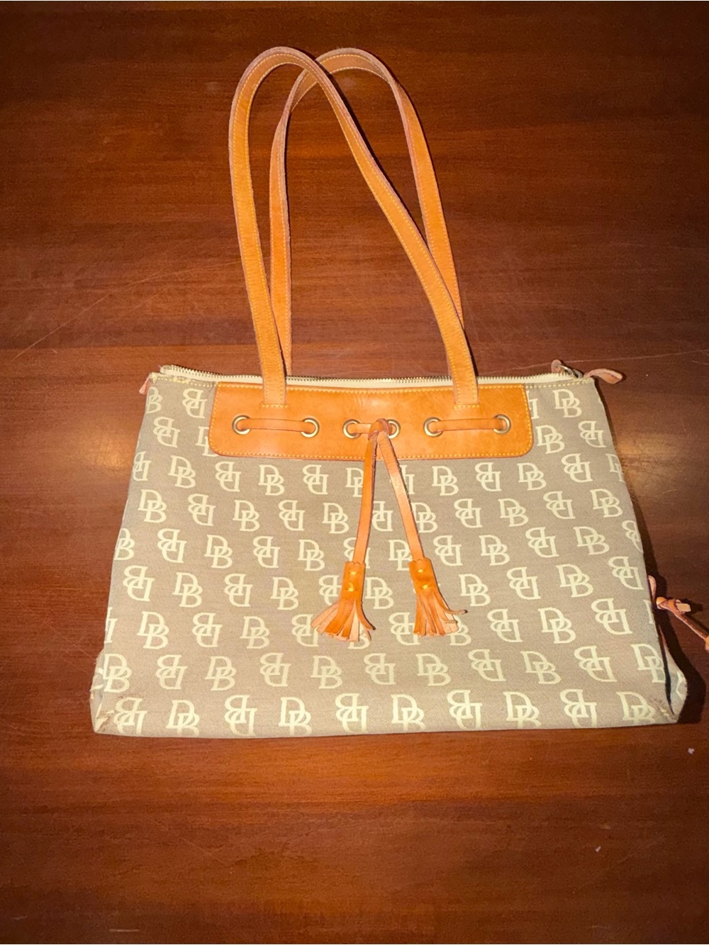 Vintage Looney & Bourke Signature DB Monogram Canvas Tassel Tote
